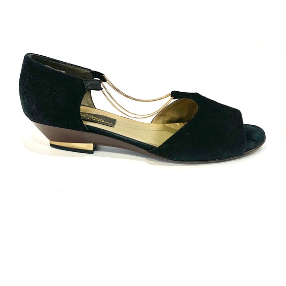 Sesto Meucci Vintage Black Suede Ballet Flats Gold Chain Gold Metal Heel D’orsay - Picture 13 of 15
